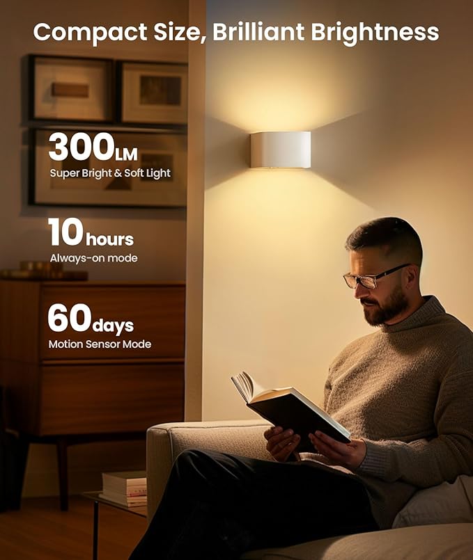 FULEN Motion Sensor Wall Light with Remote Control 3 Colors Wireless Wall Lamp LED Indoor Up and Down Wall Sconce 5000mAh Rechargeable Battery Powered Wall Lamps Brightness Adjustable, White 1 Pack