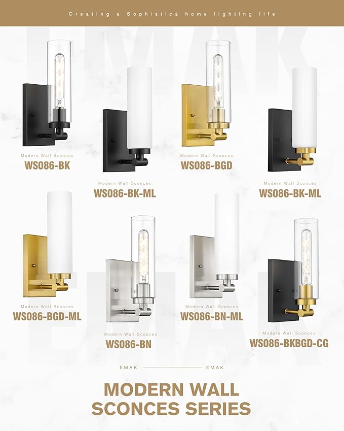 Emak Black and Gold Wall Sconces Set of Two, Modern Wall Sconce with Clear Glass Shade, Farmhouse 2 Light Bathroom Vanity Light for Living Room, Bedroom, Gallery, WS086-BKBGD-CG-2PK