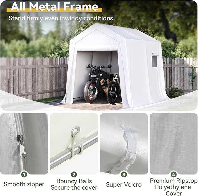 Aoxun 6x8x7 FT Outdoor Portable Storage Shed Tent with Roll-up Zipper Door and Window Portable Carport with Waterproof Tarp Galvanized Steel for Motorcycle, Generator, Bike Storage (White)