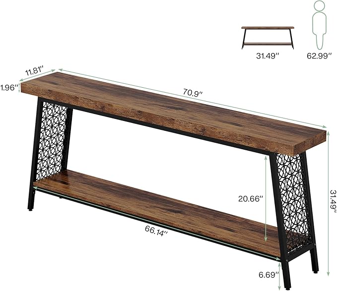 Tribesigns 70.9" Extra Long Console Table, 2-Tier Sofa Table with Storage, Industrial Entryway Table Behind Couch, Narrow Entrance Table for Hallway, Living Room, Rustic Brown