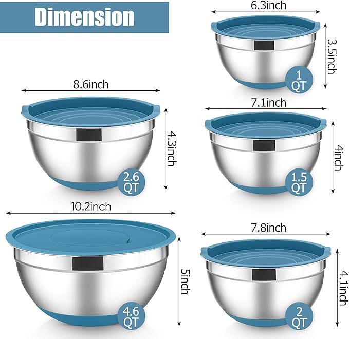 E-far Stainless Steel Mixing Bowls with Lids Set, 5-Piece Nesting Salad Bowls with 3 Grater Attachments and Non-Slip Bottoms, Size 4.6, 2.6, 2, 1.5, 1QT for Kitchen (Blue)