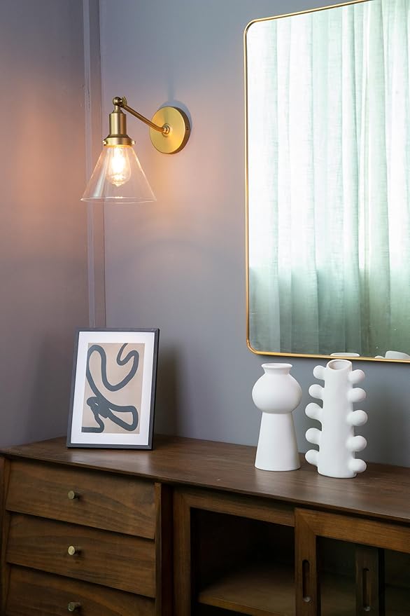 PERMO Industrial Vintage Slope Pole Wall Mount Single Sconce with Funnel Flared Clear Glass Shade Wall Sconce Light Lamp Fixture Hardwired (Antique Gold)