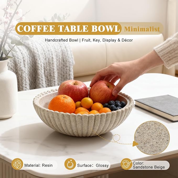 Large Decorative Bowl for Home Decor 12 Inch Resin Fruit Bowl Sandstone Ruffle Key Bowl for Coffee Table Shallow Centerpiece Bowl Catch All Bowl for Kitchen Counter, Entryway, Living Room