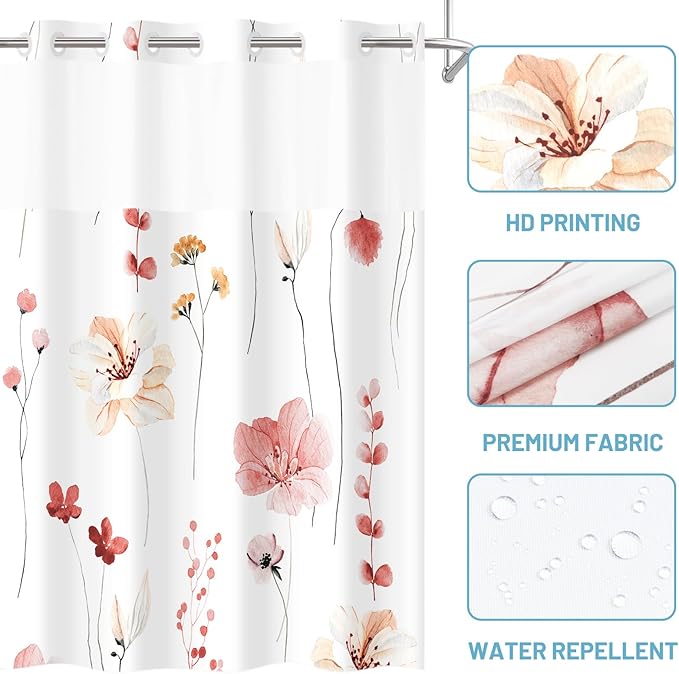 No Hook Shower Curtain with Snap in Liner - Floral Shower Curtain - Fabric Waterproof Inner Liner, Plants Watercolor Coral Modern Cloth Shower Curtains - Machine Washable, 71 x 74