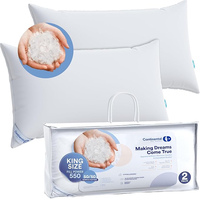 Continental Bedding Feather Goose Down Pillows - Luxury & Breathable Bed Pillows for Sleeping, Back, Side & Stomach Sleepers - King Size, Medium Support, Pack of 2-50% Down & 50% Feather Filled