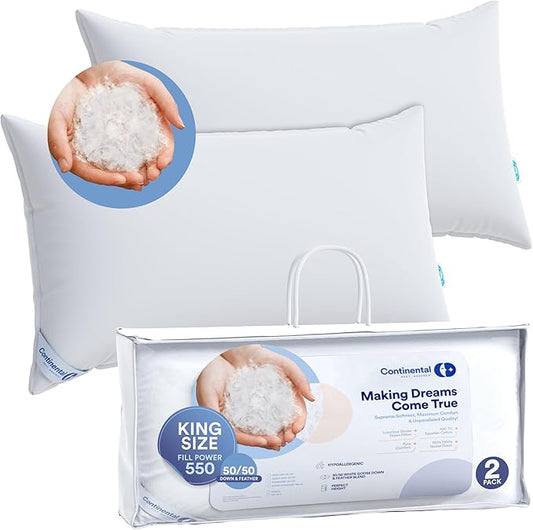 Continental Bedding Feather Goose Down Pillows - Luxury & Breathable Bed Pillows for Sleeping, Back, Side & Stomach Sleepers - King Size, Medium Support, Pack of 2-50% Down & 50% Feather Filled