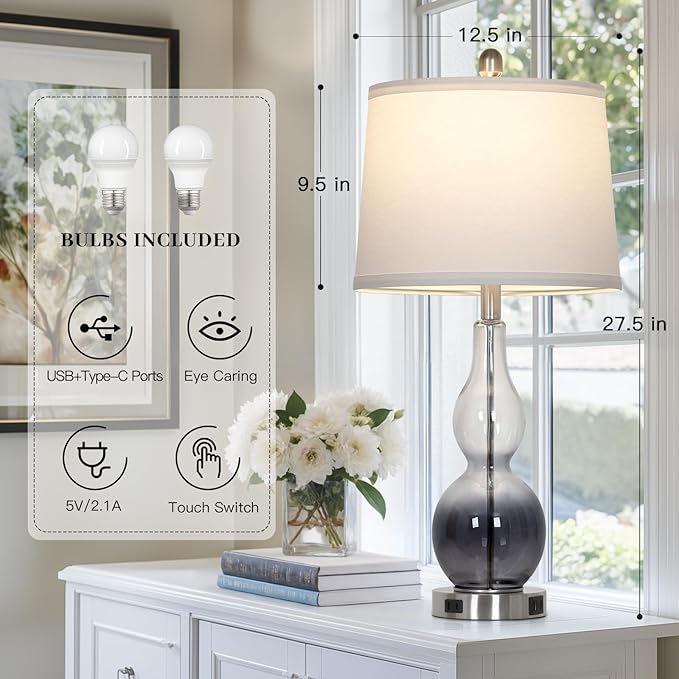 27.5" Gradual Gray Clear Glass Table Lamp Set of 2,3-Way Dimmable Touch Control Bedside Lamps with USB Ports and AC Outlet, Modern Nightstand Lamps for Bedroom Living Room