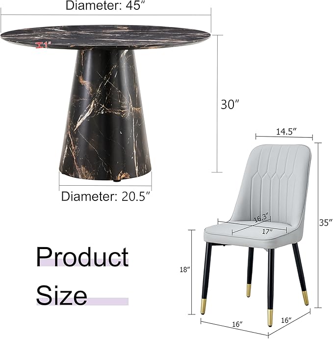 45 Inch Round Dining Table Set for 4, 5 Piece Kitchen Table and Chairs Set, Black Faux Marble Table Top, Small Space Dining Set for Apartment or Dining Room
