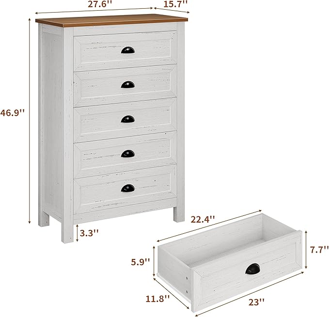 5 Drawer Dresser, Farmhouse Tall Dresser for Bedroom, Antique White Chest of Drawers, Modern Dressers for Bedroom, Closet