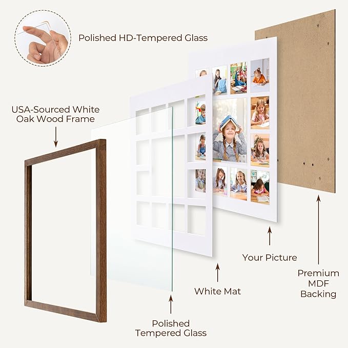 Axeman 12x16 School Years Picture Frame K-12 Day Graduation Photo Collage Solid Oak Picture Frame With Mat - Displays One 5x7 Photo and Twelve 2.5x3.5 Pictures, Hanging Hardware Included, Walnut
