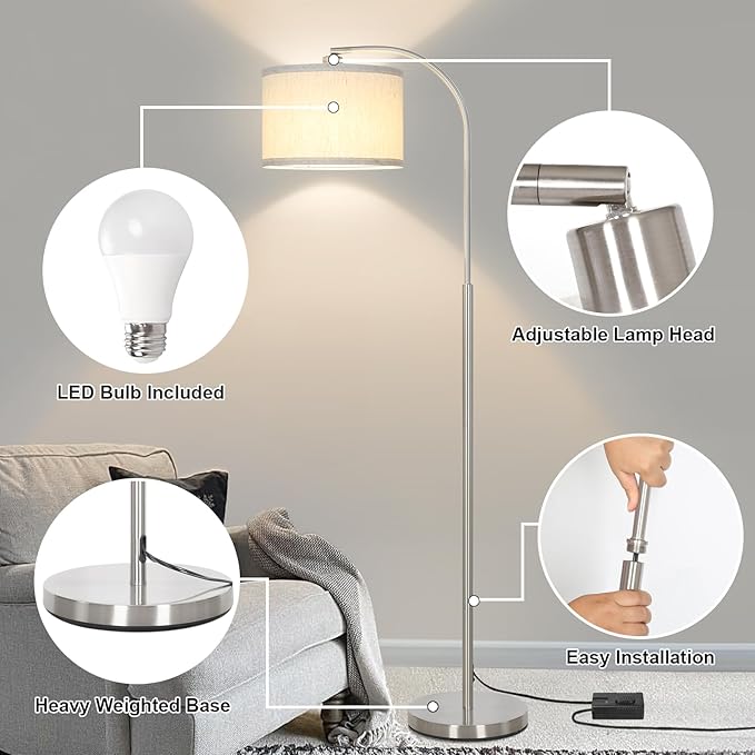 Boncoo Arc Floor Lamp, Dimmable Floor Lamp for Living Room, Standing Lamp with Adjustable Drum Shade, Tall Pole Lamp for Bedroom Study Room Office, 9W 3000K LED Bulb Included