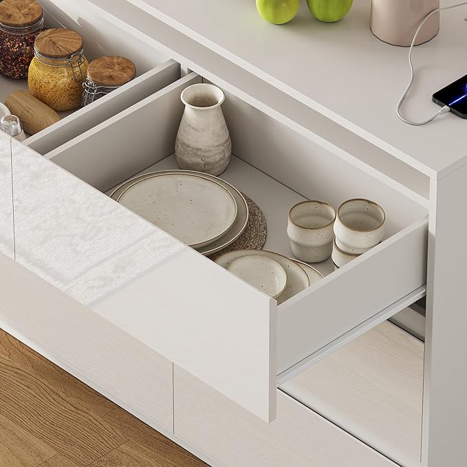 White TV Stand for Bedroom, Storage Cabinet with 9 Drawers Modern Large High Gloss Cabinet for Living Room Office (63" W)