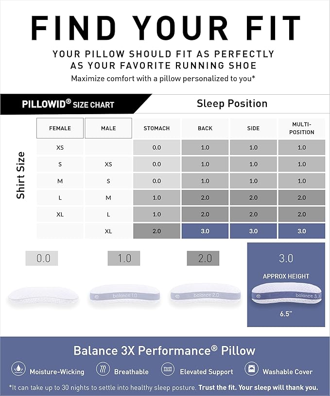 Bedgear Balance 3.X Cuddle Curve Performance Pillow – Extra Large Moisture Wicking Pillow for Sleeping, Lounging, Watching TV – Washable and Removable Cover – Pillowcase Included