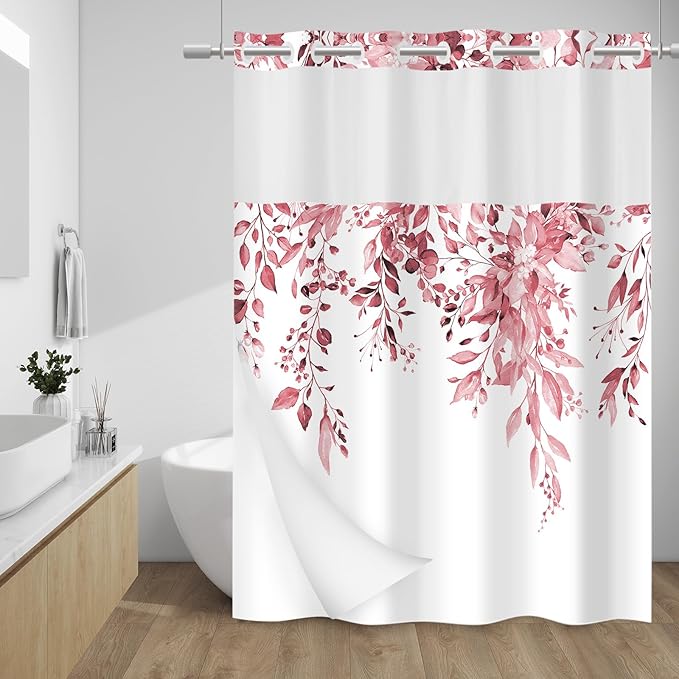 No Hook Shower Curtain with Snap in Liner - Eucalyptus Shower Curtain - Washable Waterproof Inner Liner, Plants Pink Leaves Modern Shower Curtains - Machine Washable, 71 x 74