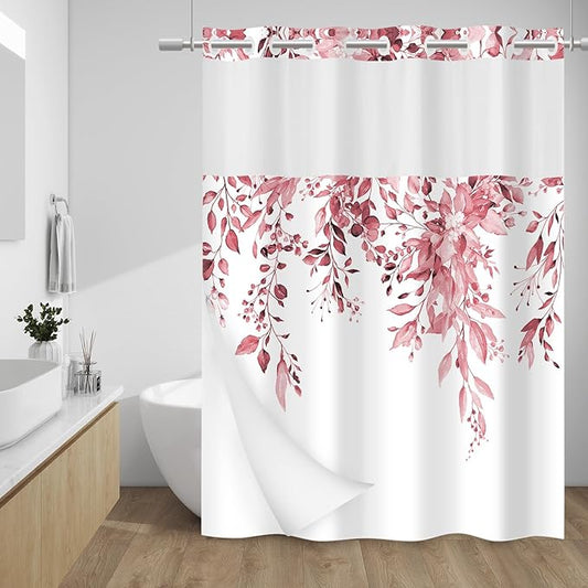 No Hook Shower Curtain with Snap in Liner - Eucalyptus Shower Curtain - Washable Waterproof Inner Liner, Plants Pink Leaves Modern Shower Curtains - Machine Washable, 71 x 74