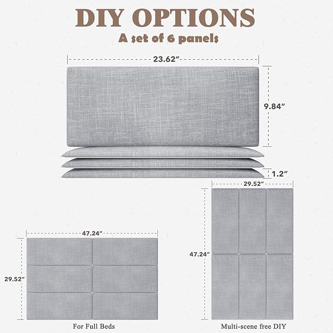 Upholstered Headboard for Full Twin Size Bed, Wall Mounted & Peel and Stick Headboard, Soundproof DIY Wall Panels, Fabric Tufted Head board in Modern Design for Bedroom (6 Panels, Each 23.62"x9.84"）