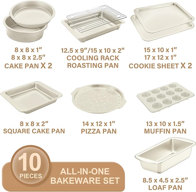 HONGBAKE Bakeware Sets, Baking Pans Set, Nonstick Oven Pan for Kitchen with Wider Grips, 10-Piece Including Rack, Cookie Sheet, Cake Pans, Loaf Pan, Muffin Pan, Pizza Pan -Cream