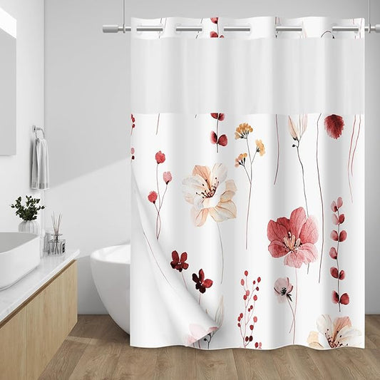 No Hook Shower Curtain with Snap in Liner - Floral Shower Curtain - Fabric Waterproof Inner Liner, Plants Watercolor Red Modern Cloth Shower Curtains - Machine Washable, 71 x 74