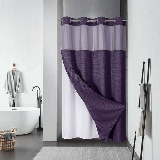 Purple No Hook Waffle Weave Shower Curtain with snap-in Liner Replacement, 230GSM Waterproof Fabric Hotel Shower Curtain Set for Bathroom, Through Mesh Top Window,54Wx80H