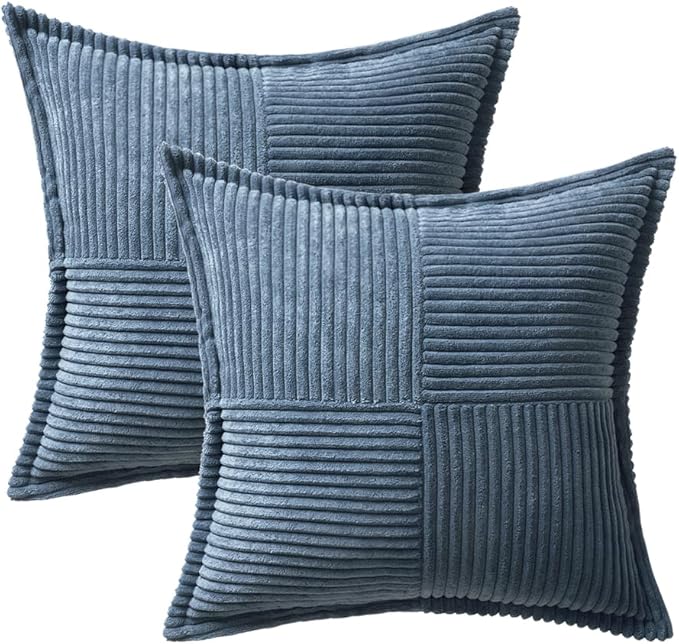 MIULEE Blue Corduroy Pillow Covers 16x16 Inch with Splicing Set of 2 Soft Boho Striped Pillow Covers Broadside Decorative Textured Summer Coastal Pillowcases for Couch Cushion Bed Livingroom