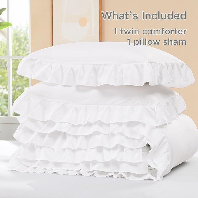 Litanika White Twin Size Comforter Sets, 3 Pieces Ruffle Farmhouse Aesthetic Bedding Comforter Sets, All Season Soft Lightweight Fluffy Microfiber Bed Set(66x90In Comforter, 1 Pillowcase)