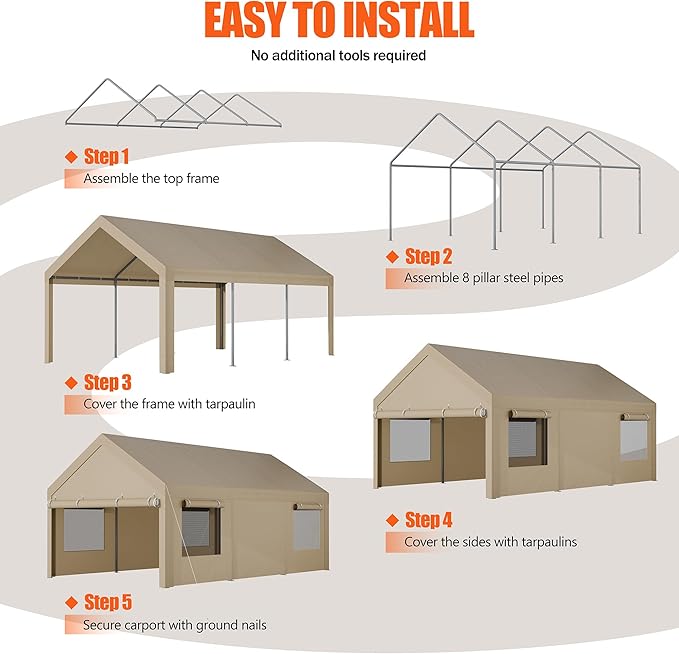 JAMFLY Carport, 10x20 ft Heavy Duty Carport with Roll-up Windows, Portable Garage with Removable Sidewalls & Doors, Car Canopy with Sandbags and All-Season Tarp for Car Boat Truck Motorcycle, Khaki