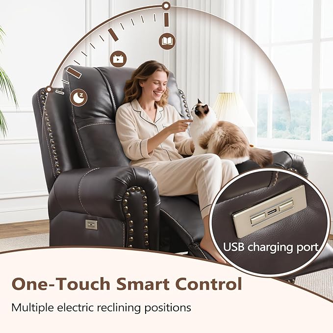 ANJ Electric Power Recliner Chair with USB Ports, Set of 2, Breathable Faux Leather Oversized Recliner with Comfortable Arms, Back and Headrest, Single Sofa for Living Room, Dark Brown