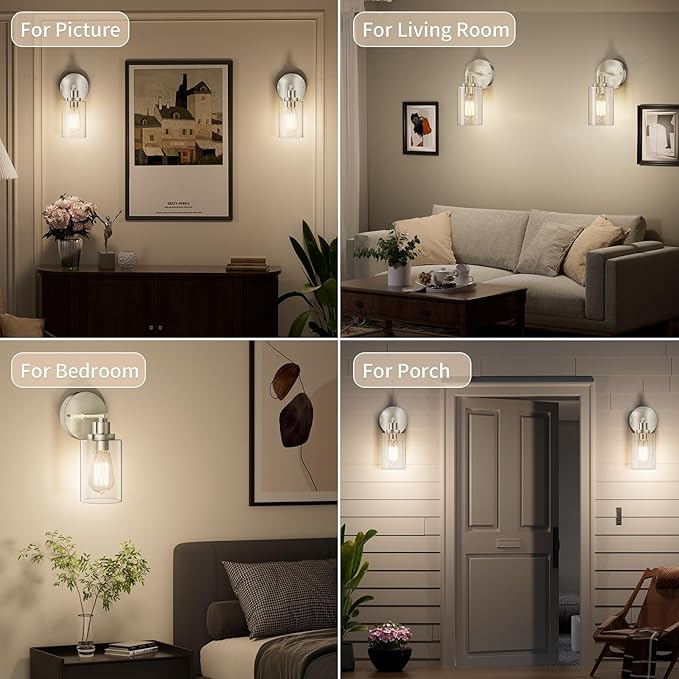 Bathroom Wall Sconces Set of Two: Brushed Nickel Vanity Light Fixtures with E26 Base LED Cordless Indoor Wall Mount Lamp for Mirror Bedroom Hallway Stairway Modern Decor Lighting