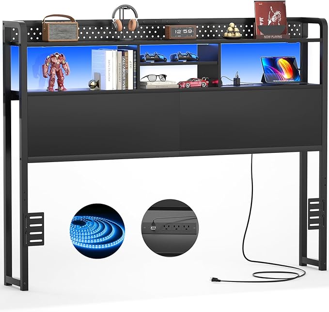 Unikito Headboard for Queen Size Bed with Storage Shelf, Head Board with 3 Outlets and 2 USB Ports, Headboards with RGB LED Light, Height Adjustable, Sturdy and Stable, Easy Assembly, Black