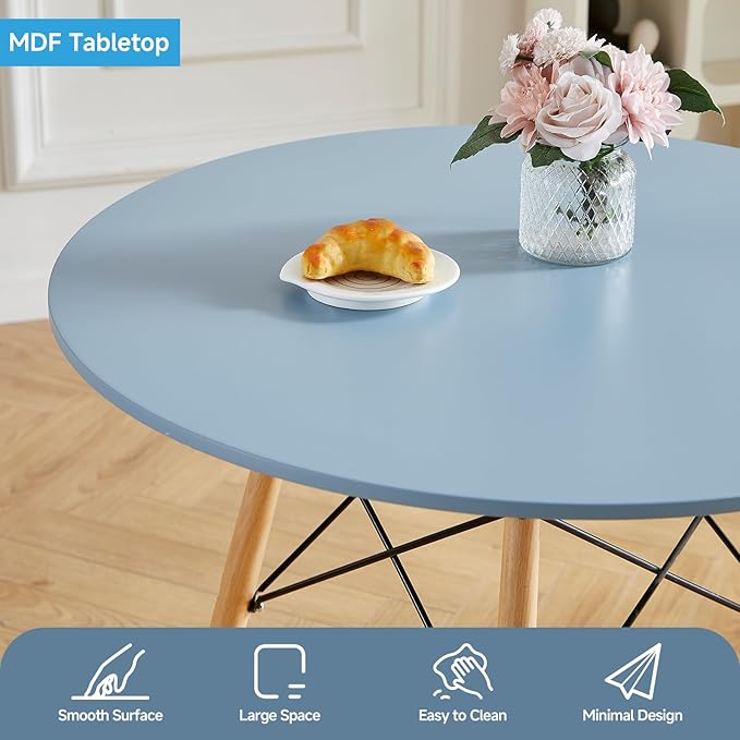 Round Dining Table Set for 4 31.5" Wood Dinner Table Circle Dining Table Kitchen Table Chairs Set of 4 with Wood Strip Base for Kitchen Living Room Space Saving Apartment(Blue)