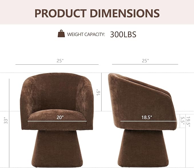 Swivel Modern Accent Chair,Luxury Fabric Upholstered Makeup Chair Comfy Barrel Chair with No Wheels,360°Rotating Vanity Armchair for Living Room Bedroom Office(Brown,Set of 2)
