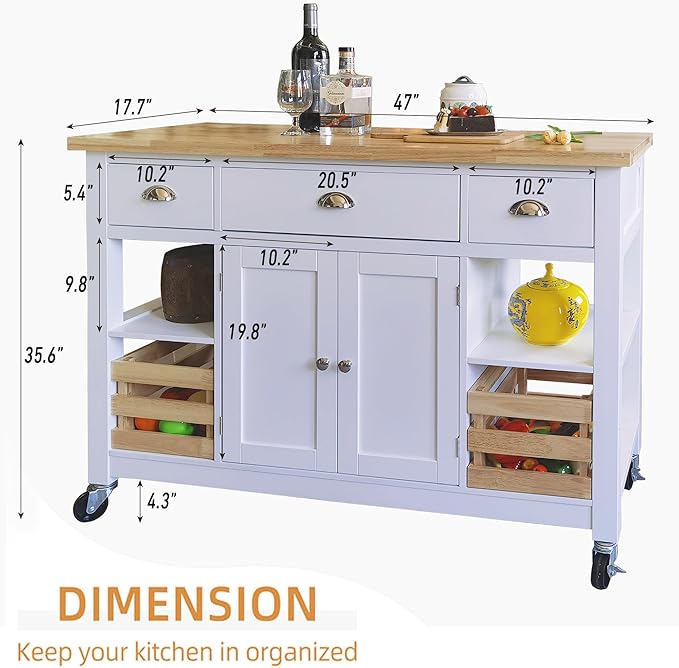 PHI VILLA Kitchen Island Cart on Wheels - Rolling Kitchen Table with Storage
