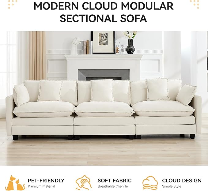 111'' Sectional Cloud Deep Seat Couch, Modern Comfy Chenille Modular Sectional Sofa for Living Room Set, Upholstered Modular 3-Seats Sofa Couch, Beige