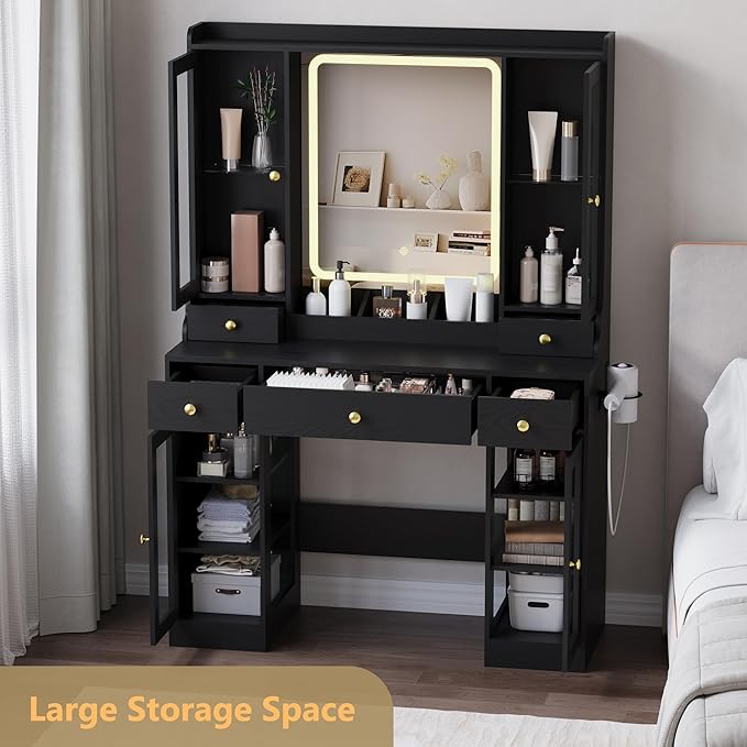 Vanity Desk with Mirror and Lights, Black Makeup Vanity Table with 3 Modes & Adjustable Brightness, Glass Cabinets, Drawers, Outlet, Modern Dressing Table for Bedroom, Girls, Women, Teens