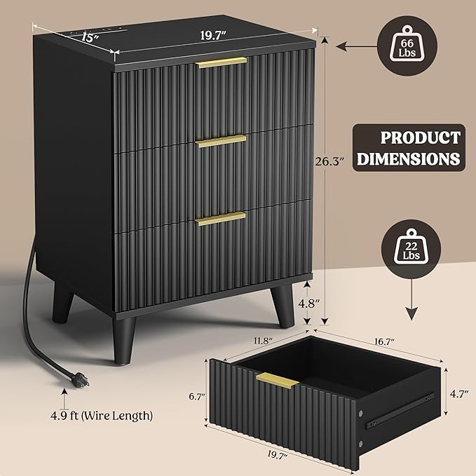 Lulive Wood 3 Drawers Dresser Fluted Night Stand with Charging Station, Natural Nightstand 3 Storage Drawers Dresser Modern Side Table, Bedside Table for Bedroom, Living Room