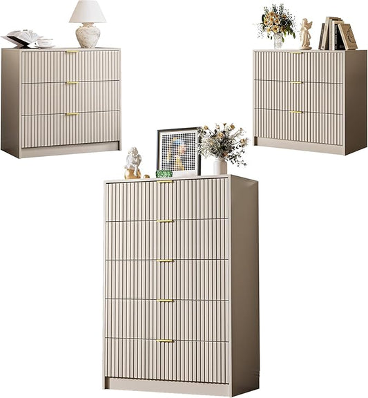 3-Piece Dresser Bedroom Set, 5 Drawer Dresser & 3 Drawer Nightstands with Gold Handles, Fluted Wood Chest of Drawers for Bedroom, Living Room, Entryway, Beige