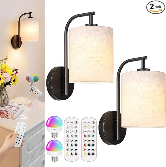 Battery Operated Wall Sconce Set of 2, Black Rechargeable Wireless Wall Light Fixture with Remote, 12 RGB Colors & Timer, Indoor Dimmable Wall Lamp with Linen Shade