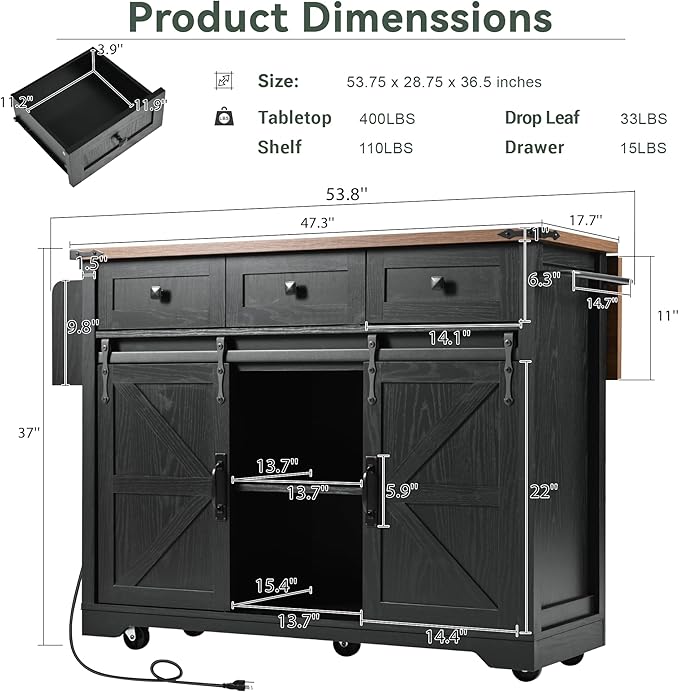 Merax 53.7" Kitchen Cart Island on Wheels with Power Outlet,Drop Leaf and 2 Sliding Barn Door,Farmhouse Wood Frame Storage Cabinet for Dining Room