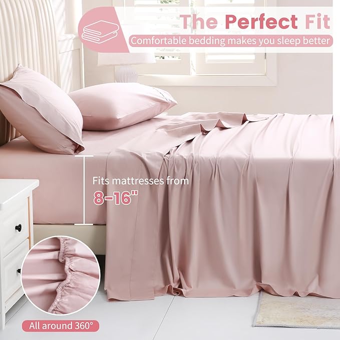 Bedlifes 1000 Thread Count 100% Egyptian Cotton California King Size Sheets Set - Sateen Soft Silky Breathable Luxury Cooling 4 Pieces (Light Pink)