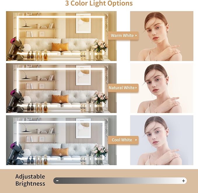 VOWNER Vanity with Lighted Mirror - 47" Glass Top Makeup Vanity Desk with 9 Drawers and Power Outlet, 3 Color Lighting Modes Adjustable Brightness, Makeup Desk with Cushioned Stool for Bedroom, White