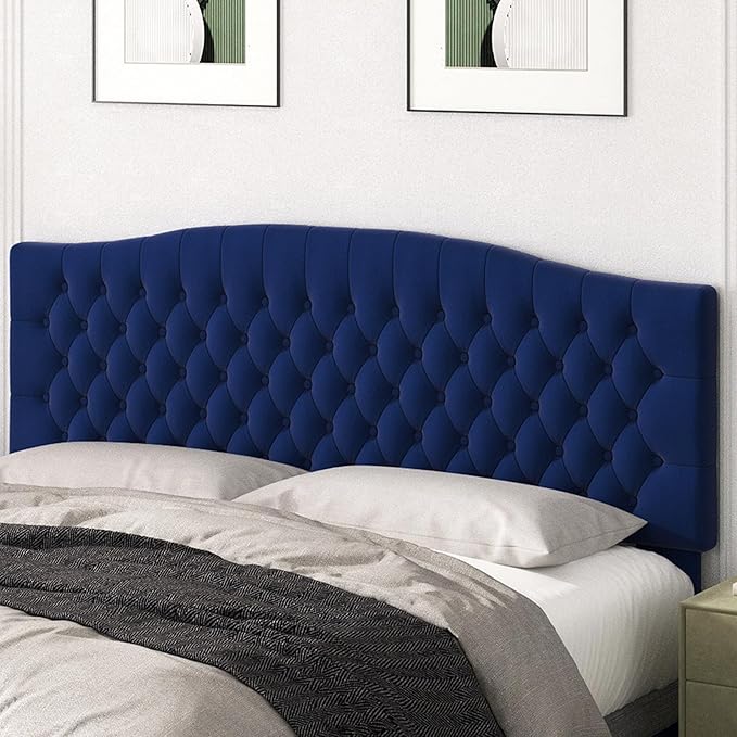 King Headboard Only, Upholstered Headboard King Size for Adjustable Bed Velvet Tufted Wall Mounted Head Board with Solid Wood Legs, Navy Blue