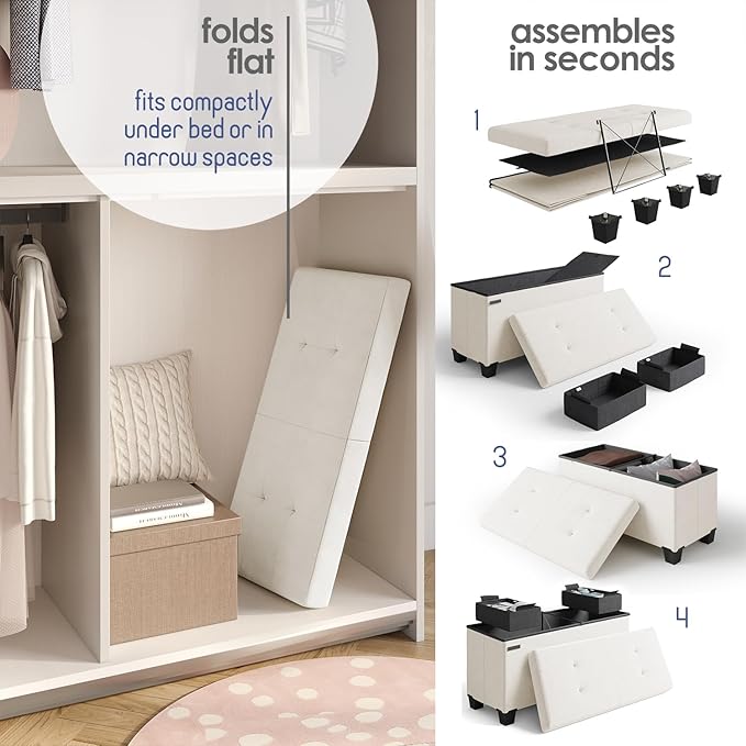 STORAGEBUD Storage Ottoman Bench with Bins, 30-in Storage Bench for Bedroom End of Bed, Folding Foot Rest Ottoman for Living Room Max 660lbs, Velvet Ottomans, Cream