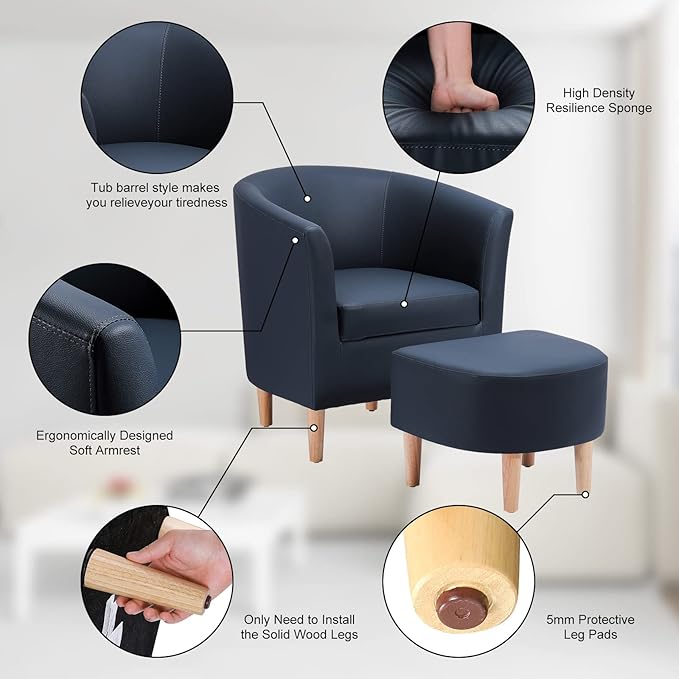 DAZONE Leather Chair, Accent Chair Mid Century Modern with Ottoman Faux Barrel Comfy Armchair Upholstered Club Tub Round Arms for Living Room Bedroom Reading Navy Blue Set of 1