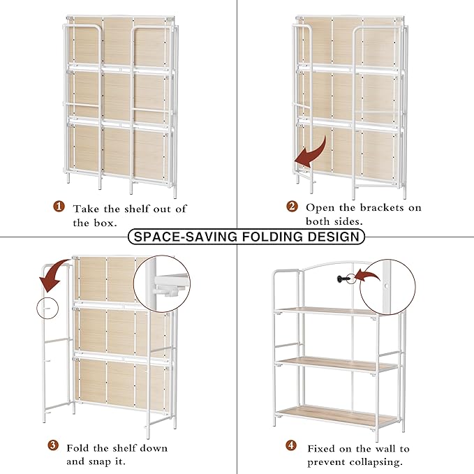 Crofy No Assembly Folding Bookshelf for Living Room, 3 Tier White Collapsible Book Shelf for Home Office, Portable Bookcase Storage Organizer