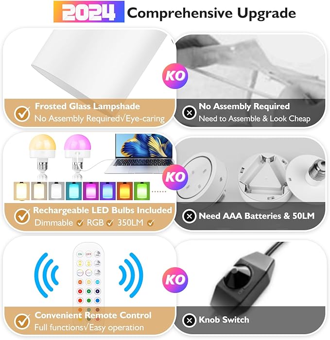 Wireless Rechargeable Wall Sconce Set of Two, 15Colors Black Battery Operated Wall Lights, 2 Milky Glass Wall Lamps with Remote and Dimmable Bulbs, Cordless Sconces Wall Decor for Bedroom Living Room