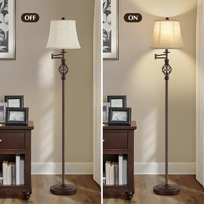 GyroVu 3 Color Temperature Floor lamp, Traditional 350° Adjustable Swing Arm Floor Lamp Vintage Pole lamp Farmhouse Lamp for Living Rooms, Rustic Standing Lamp for Bedroom Reading(Red Brown)