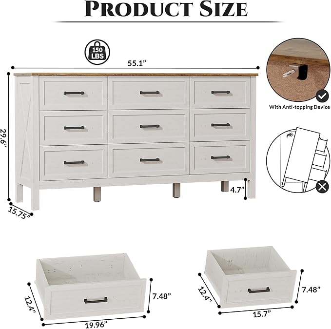 LYNSOM Farmhouse 9 Drawers Dresser for Bedroom, 55" Wide Wood Rustic Chest of Drawers with Natural Texture, Metal Handle, Storage Dressers Organizer for Entryway, Hallway, Antique White