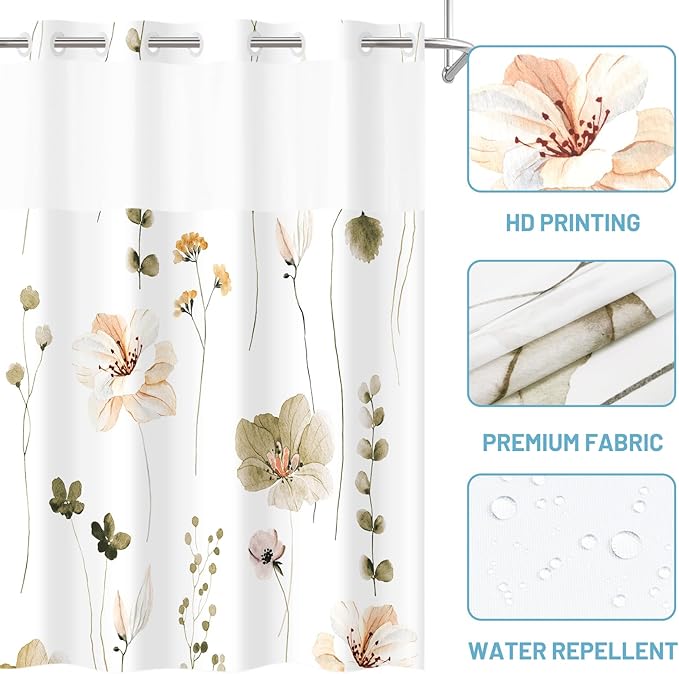 No Hook Shower Curtain with Snap in Liner - Floral Shower Curtain - Fabric Waterproof Inner Liner, Plants Watercolor Khaki Modern Cloth Shower Curtains - Machine Washable, 71 x 74