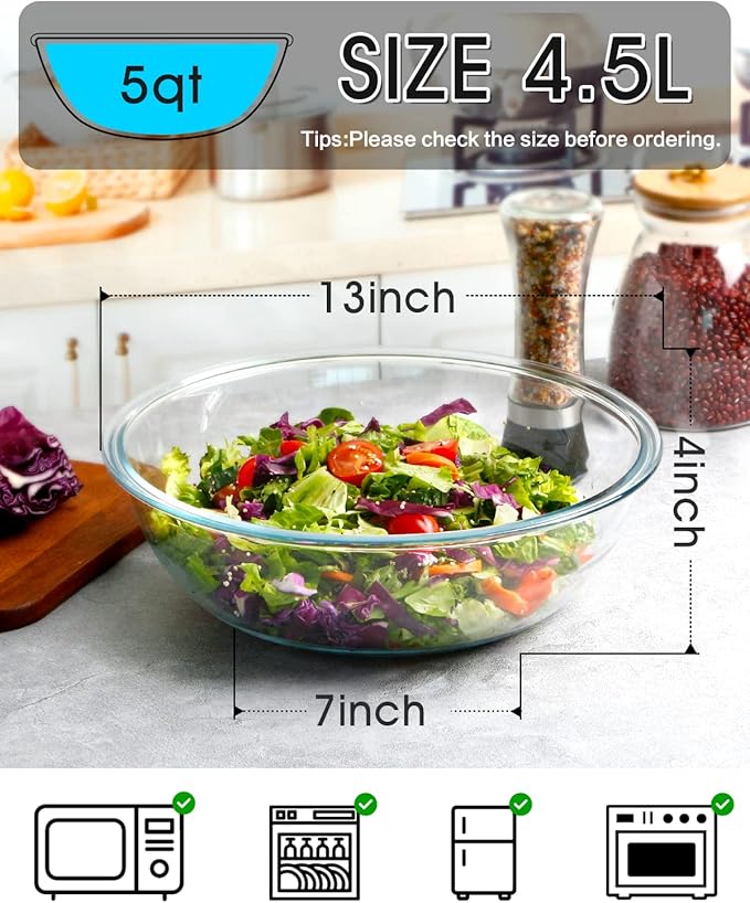 NUTRIUPS Flat 5QT Big Tempered Glass Bowl for Serving Salad-13 inch