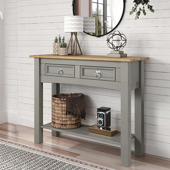 Solid Wood Hall Table Console 34.49" W, 12.64" D, 28.82" H - Farmhouse Entryway Table with 2 Drawers, Office Hallway Foyer, Wooden Storage, Cupboard Console Table